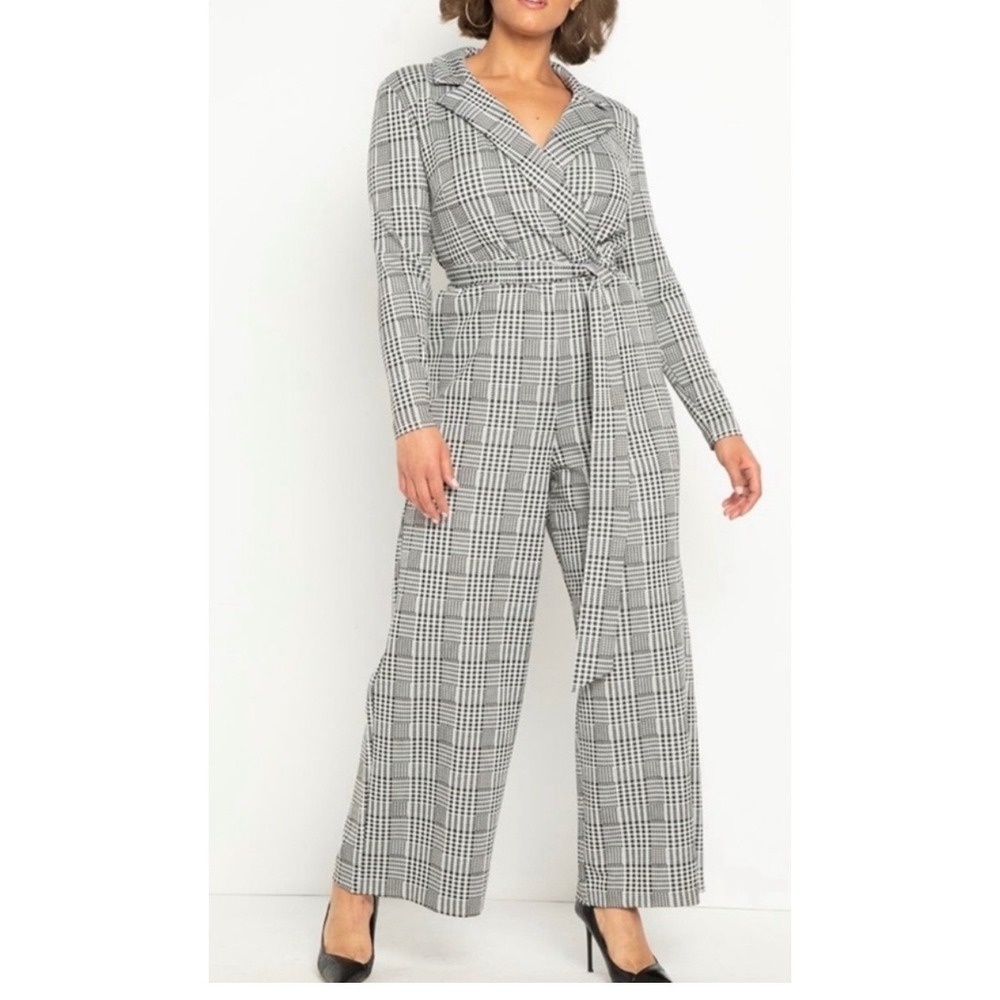 Eloquii Womens Black White Plaid Wide Leg Wrap Jumpsuit 18 Long Sleeve Belted